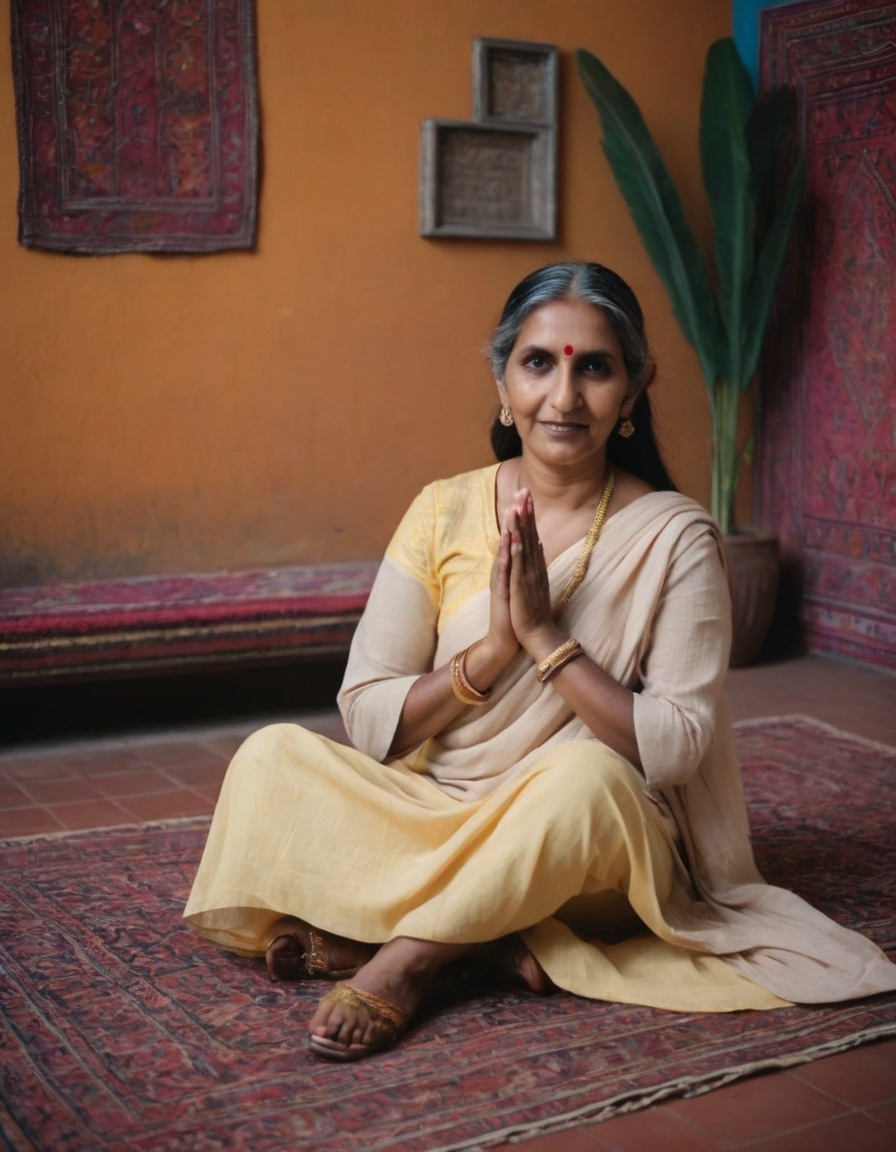 Older Indian woman sharing dating advice in a colorful Indian-themed setting.