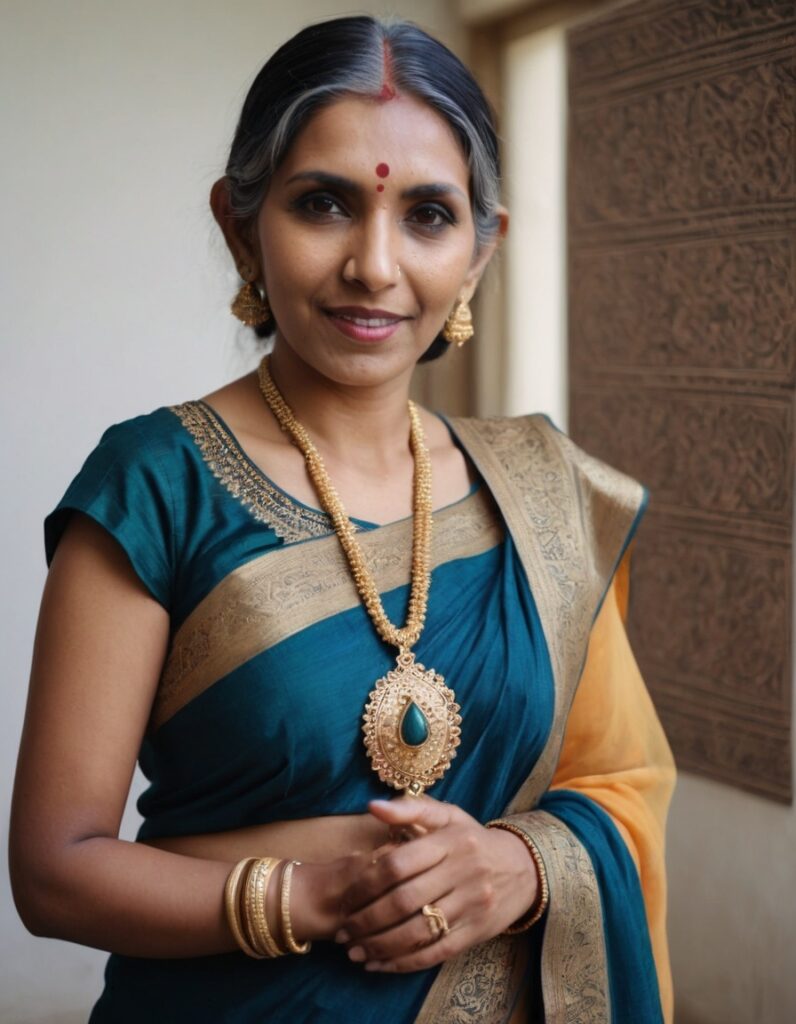 Meera Kapoor standing near an intricate henna design wall hanging, representing tradition and unity.