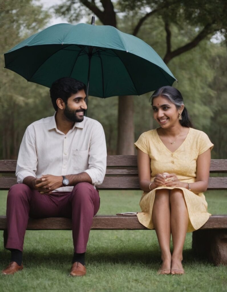 Meera Kapoor providing guidance to a couple on their first date, with a bright Indian umbrella adding cultural flair to the outdoor scene.